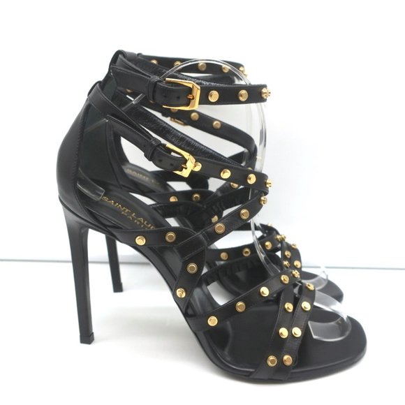 SAINT LAURENT STUDDED SANDALS JERRY BLACK LEATHER SIZE 39 STRAPPY HEELS NEW - Picture 2 of 12